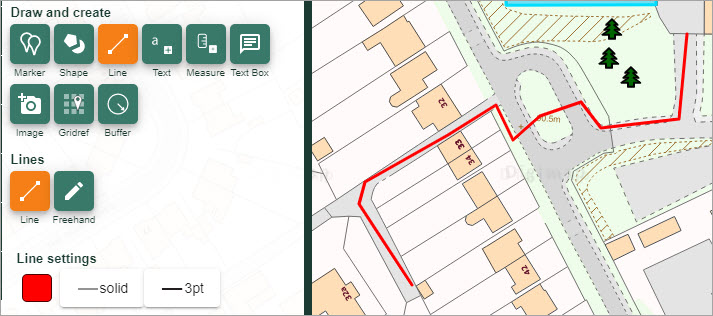 Draw line option, with red line drawn on map