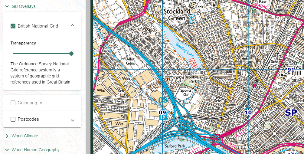 Overlays menu with British National Grid lines selected