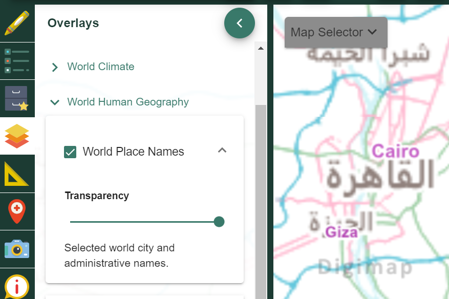 Overlays menu with World Place Names checked